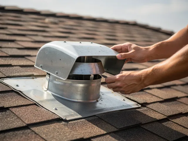 Bloomington Dryer Vent Cleaning certified technician safely cleaning a roof-mounted dryer vent in Bloomington