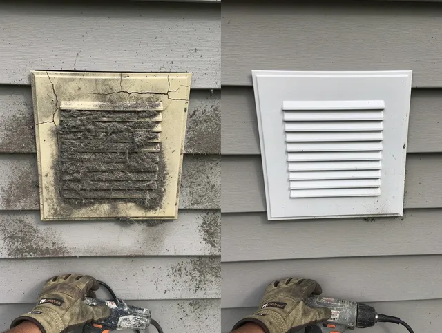Bloomington Dryer Vent Cleaning technician installing high-quality dryer vent cover at a residential property in Bloomington