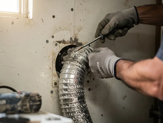 Bloomington Dryer Vent Cleaning technician performing precise dryer vent hose installation in Bloomington